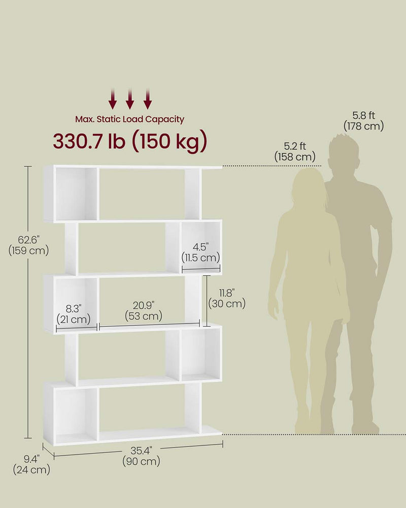 White 5 Tier Wooden Bookcase with Open Shelves for Home or Office Storage by Vasagle