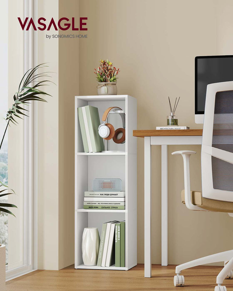Vasagle 3-Tier cube bookshelf in Cloud White styled in a home office corner