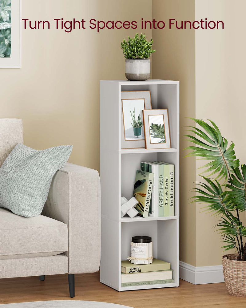 Cloud White cube bookshelf fitted into a tight living room corner