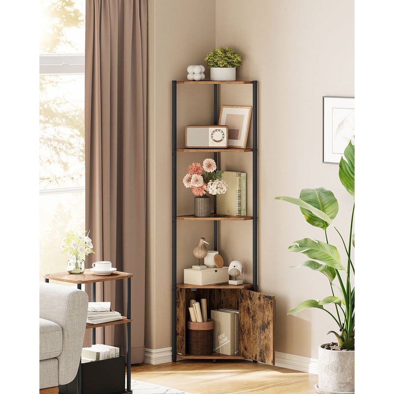 Vasagle 5 Tier Rustic Corner Shelf Unit with Cabinet Underneath | Opal ...