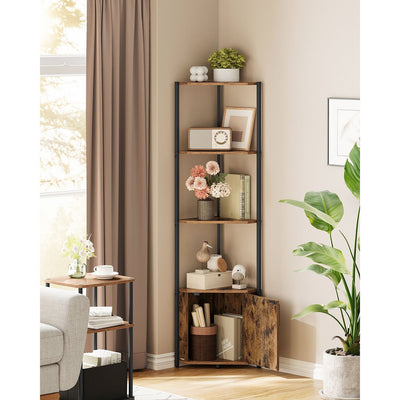 5 Tier Corner Shelf Unit with Storage Rustic Brown and Black Industrial Design by Vasagle