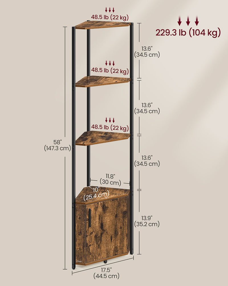 5 Tier Corner Shelf Unit with Storage Rustic Brown and Black Industrial Design by Vasagle