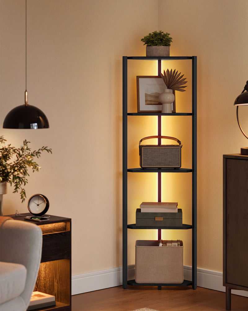 5 Tier Corner Bookcase with Adjustable LED Lighting in Ebony Black for Home by Vasagle