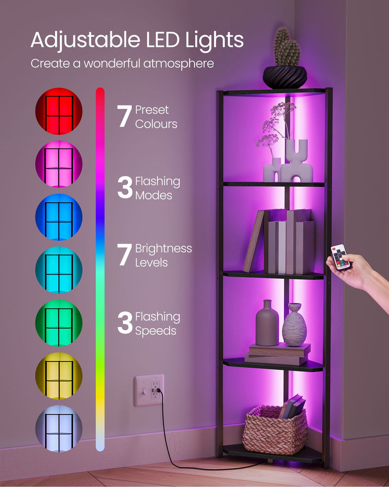 5 Tier Corner Bookcase with Adjustable LED Lighting in Ebony Black for Home by Vasagle