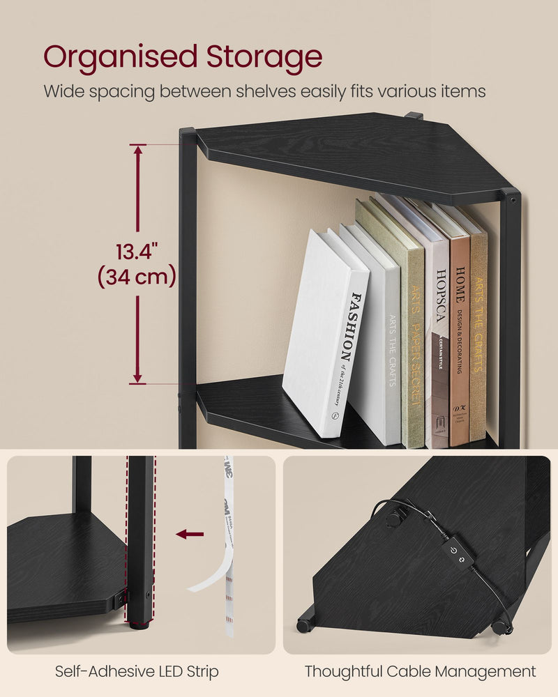 5 Tier Corner Bookcase with Adjustable LED Lighting in Ebony Black for Home by Vasagle