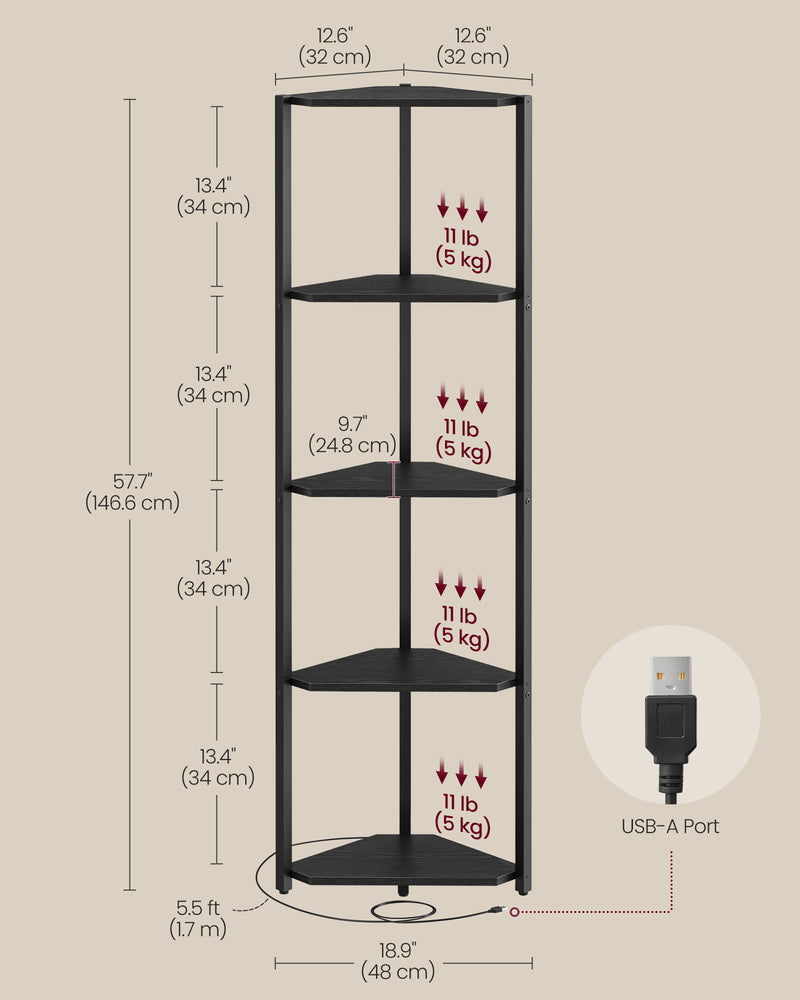 5 Tier Corner Bookcase with Adjustable LED Lights in Ebony Black Wood Finish by Vasagle