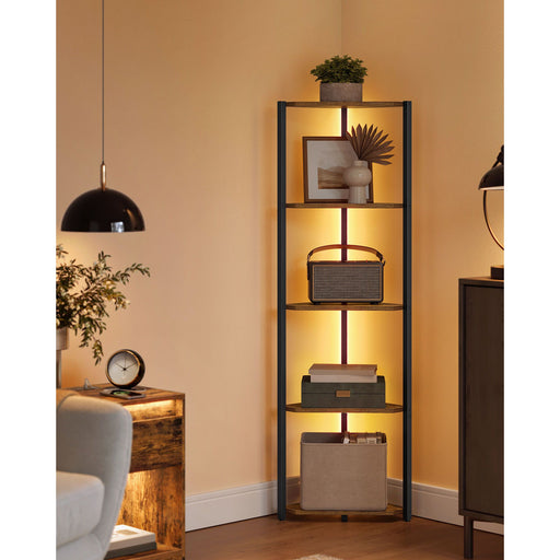 5 Tier Rustic Brown Corner Shelf with Adjustable LED Lights for Living Room by Vasagle