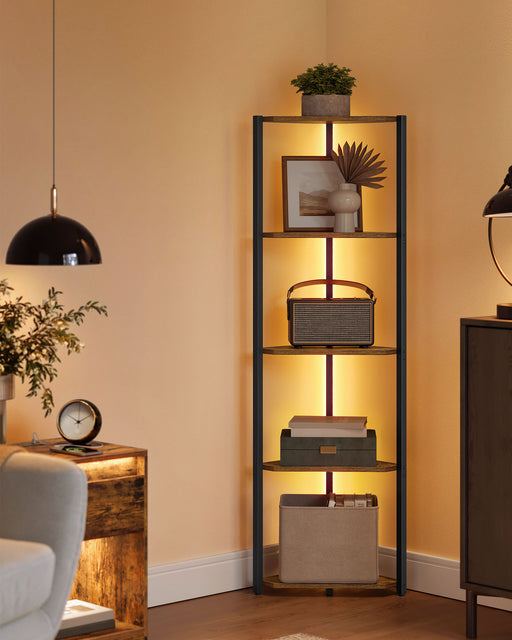 5 Tier Rustic Brown Corner Shelf with Adjustable LED Lights for Living Room by Vasagle
