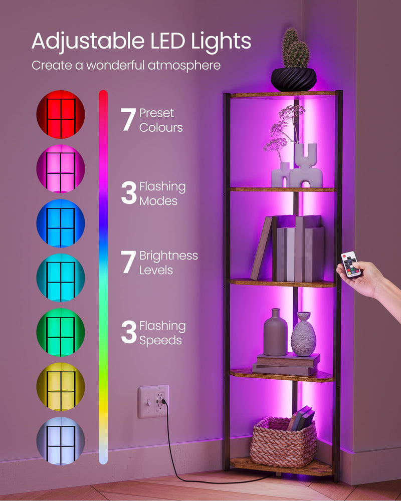 5 Tier Rustic Brown Corner Shelf with Adjustable LED Lights for Living Room by Vasagle