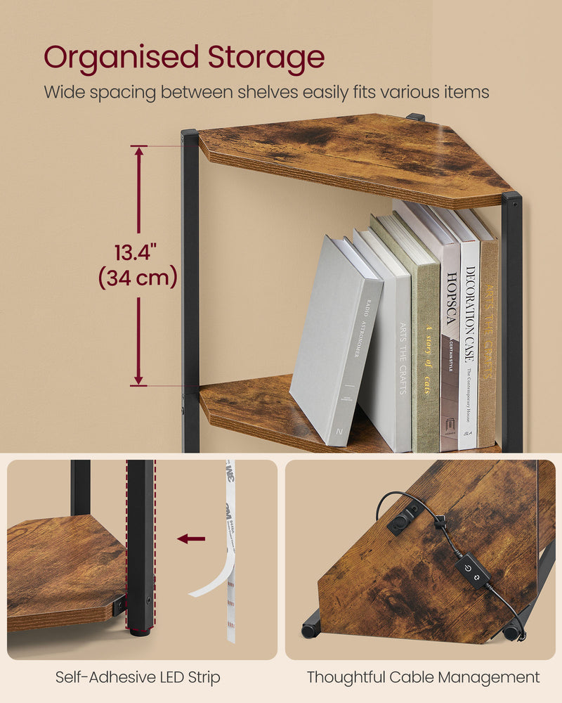 5 Tier Rustic Brown Corner Shelf with Adjustable LED Lights for Living Room by Vasagle