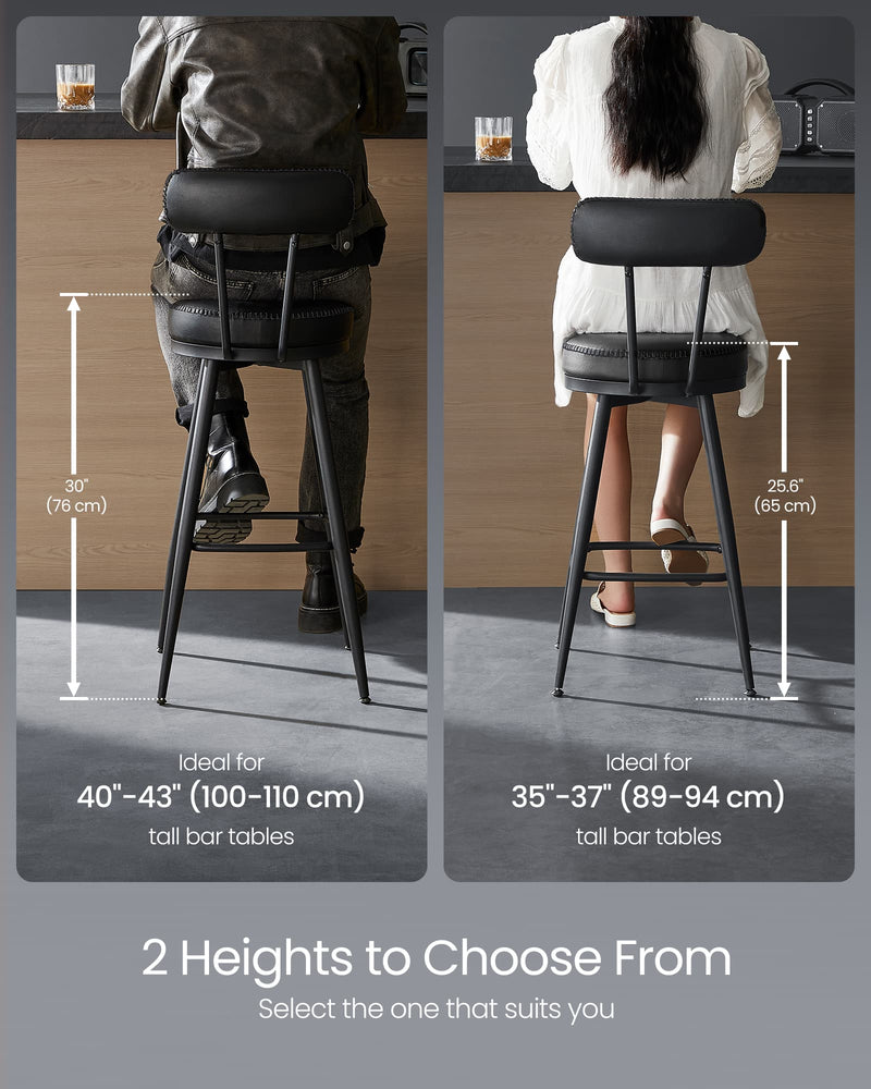 Set of 2 Black Bar Stools with Footrest and Metal Legs for Kitchen or Home Bar by Vasagle