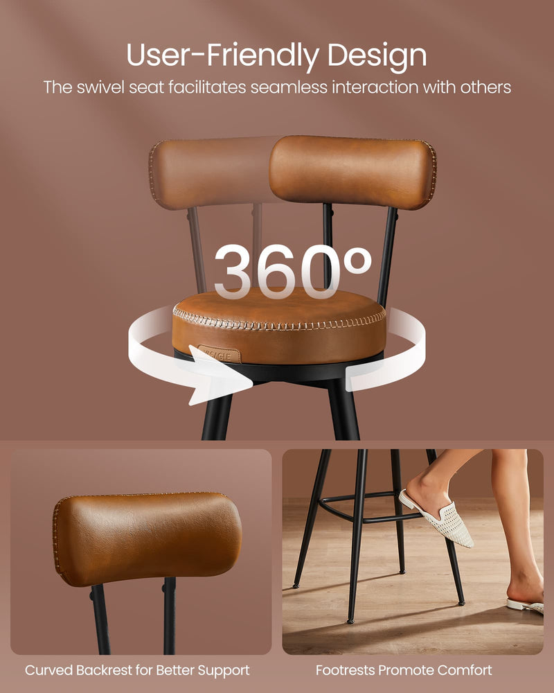 Set of 2 Caramel Brown Swivel Bar Stools with 360 Degree Rotation and Footrest by Vasagle