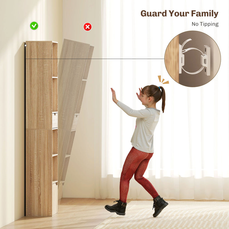 Tall Narrow 6 Tier Bookcase With Drawer And Door For Home Storage Natural Wood Finish AOSOM