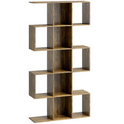 HOMCOM 5-Tier Bookshelf, S Shaped Geometric Bookcase with 15 Compartments, Rustic Brown AOSOM