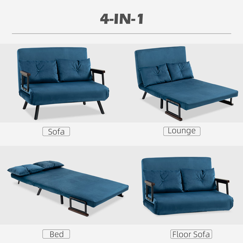 4 in 1 Velvet Touch Double Sofa Bed With Cushions Converts to Lounger or Recliner Blue