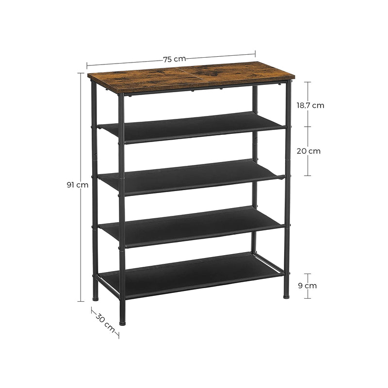 Rustic Brown 5 Tier Shoe Rack with Steel Frame and Fabric Shelves for Hallway by Vasagle