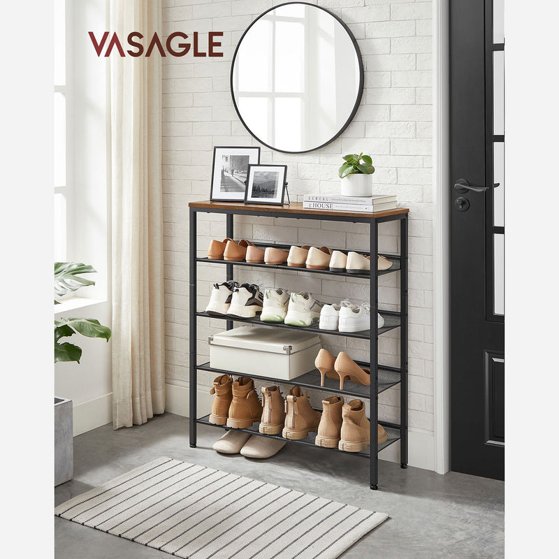 Rustic Brown 5 Tier Steel Shoe Rack with Mesh Shelves and Wide Top Storage by Vasagle