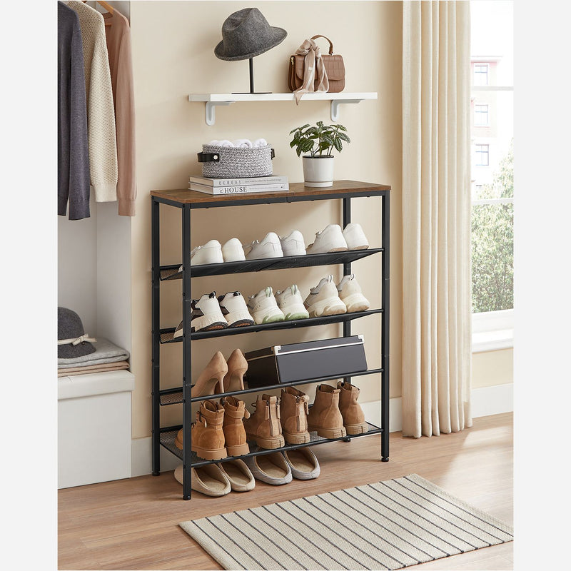 Rustic Brown 5 Tier Steel Shoe Rack with Mesh Shelves and Wide Top Storage by Vasagle