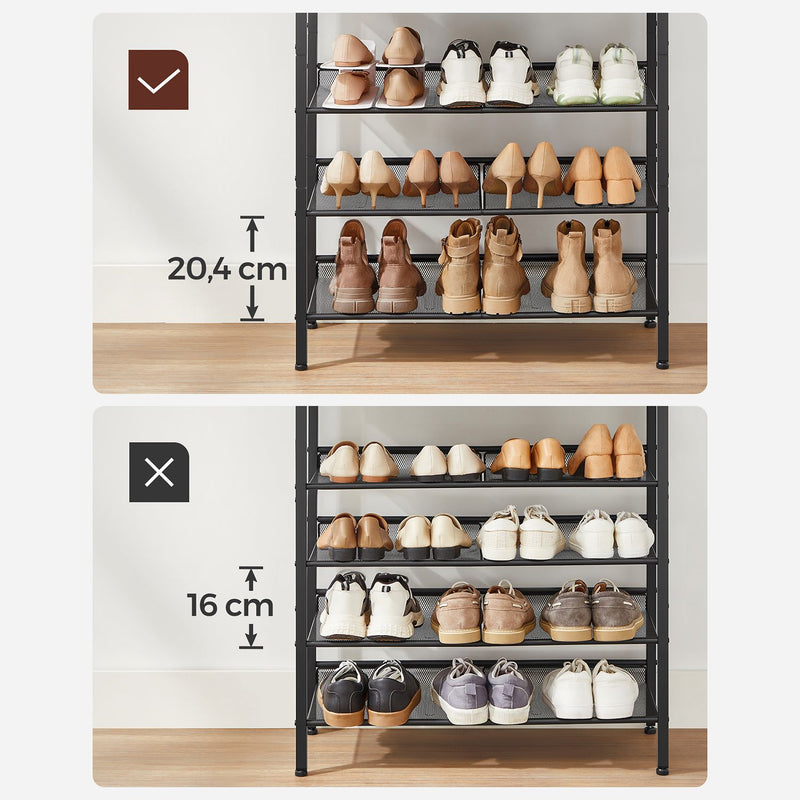 Rustic Brown 5 Tier Steel Shoe Rack with Mesh Shelves and Wide Top Storage by Vasagle
