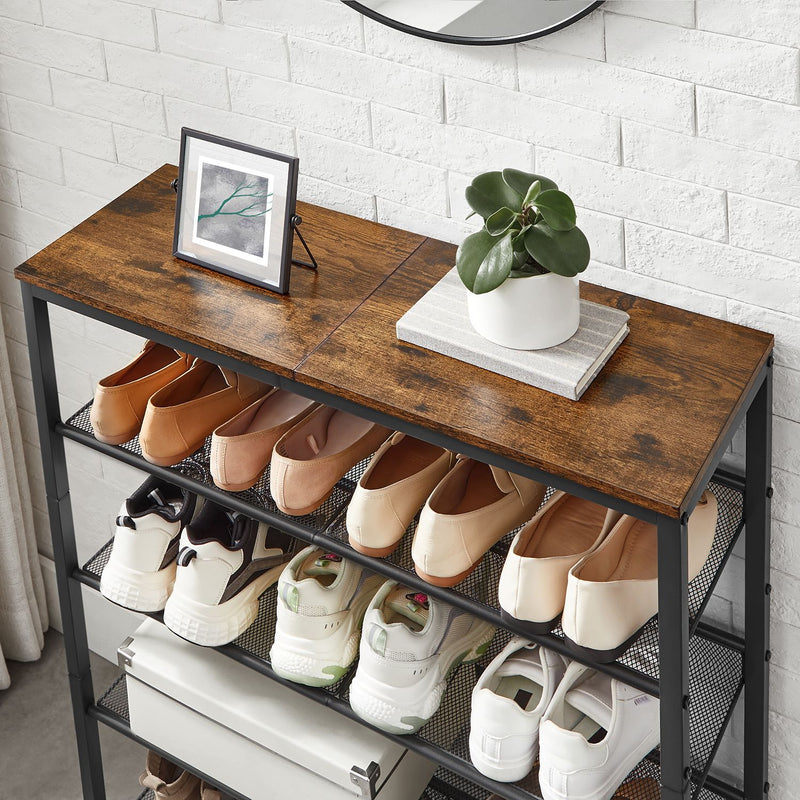 Rustic Brown 5 Tier Steel Shoe Rack with Mesh Shelves and Wide Top Storage by Vasagle
