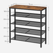 Rustic Brown 5 Tier Steel Shoe Rack with Mesh Shelves and Wide Top Storage by Vasagle