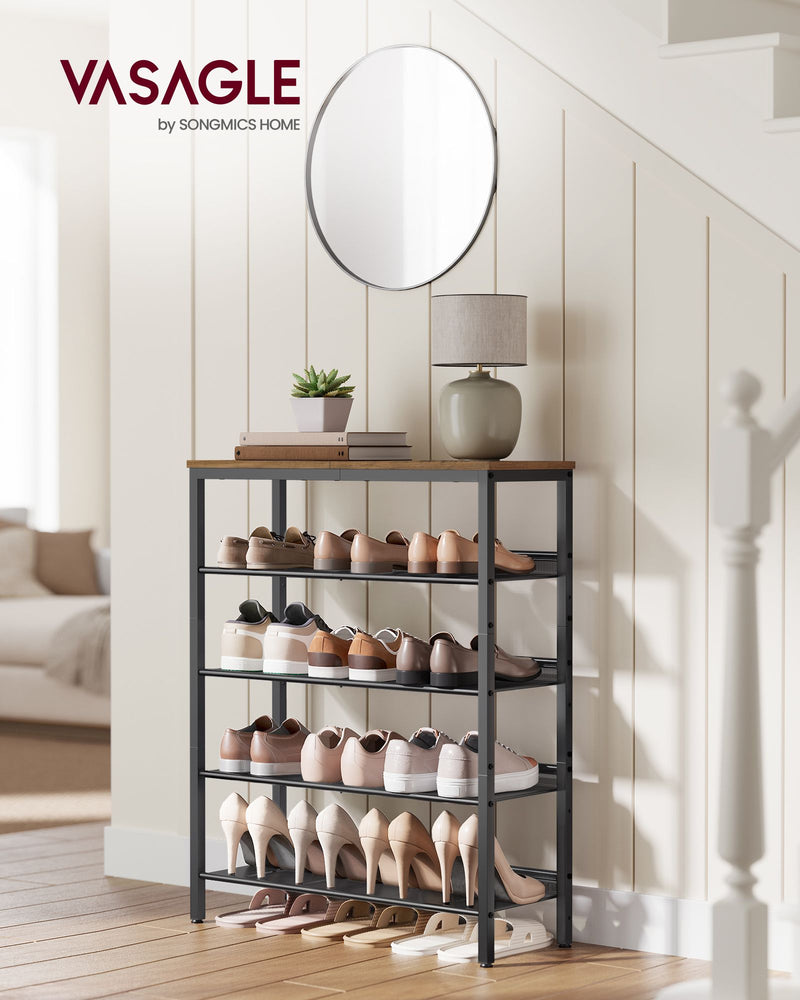 5 Tier Shoe Rack with Large Top Shelf in Honey Brown and Ink Black by Vasagle