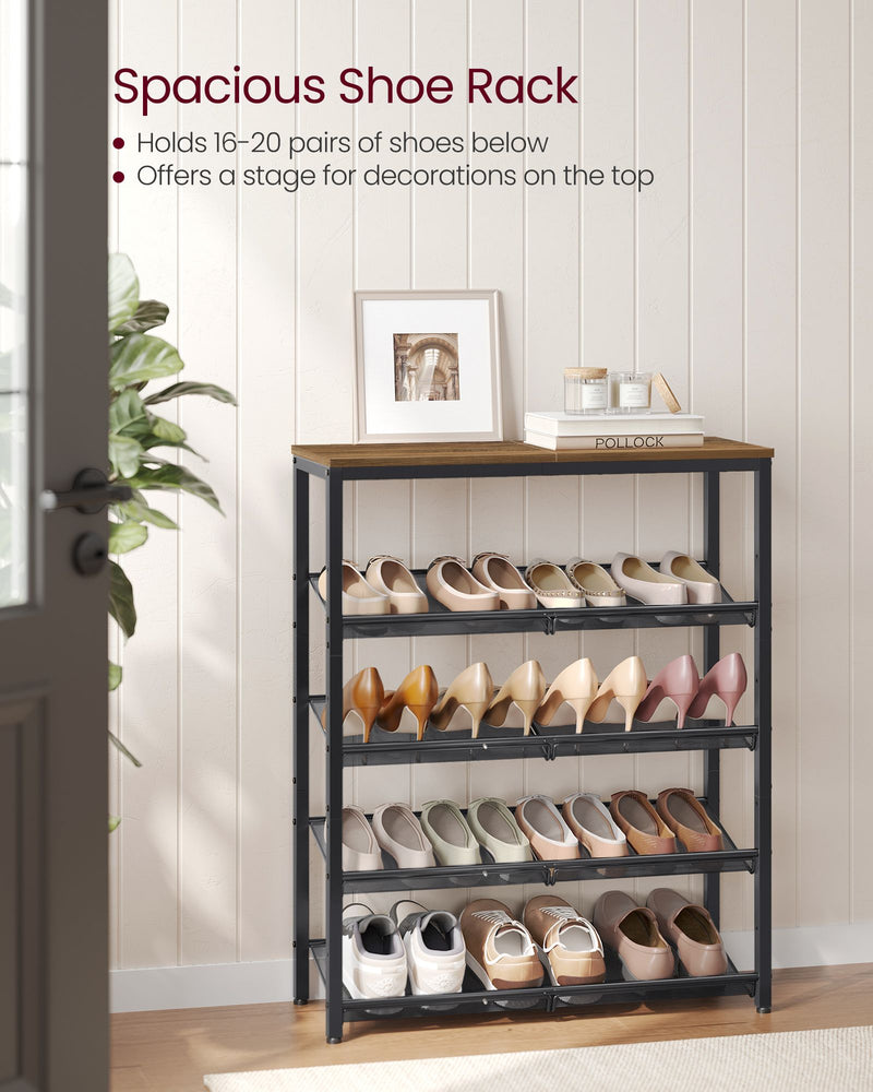 5 Tier Shoe Rack with Large Top Shelf in Honey Brown and Ink Black by Vasagle