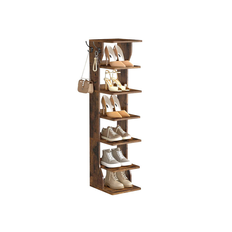 Slim 7 Tier Shoe Rack for Small Spaces Space Saving Rustic Brown Shoe Organiser by Vasagle