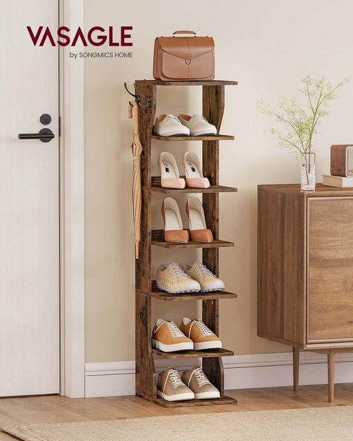 Slim 7 Tier Shoe Rack for Small Spaces Space Saving Rustic Brown Shoe Organiser by Vasagle