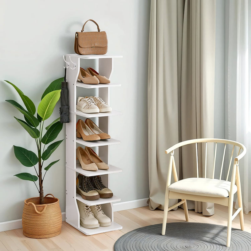 7 Tier Slim Shoe Rack with Hooks Vertical Space Saving Shoe Storage for Hallway by Vasagle