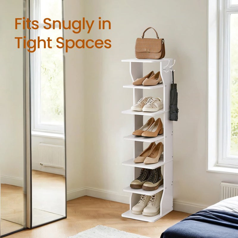 7 Tier Slim Shoe Rack with Hooks Vertical Space Saving Shoe Storage for Hallway by Vasagle