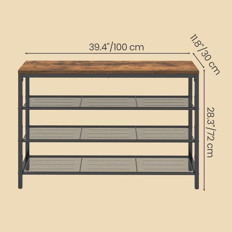 3 Tier Shoe Rack with Mesh Shelving Rustic Brown Industrial Design by Vasagle VASAGLE