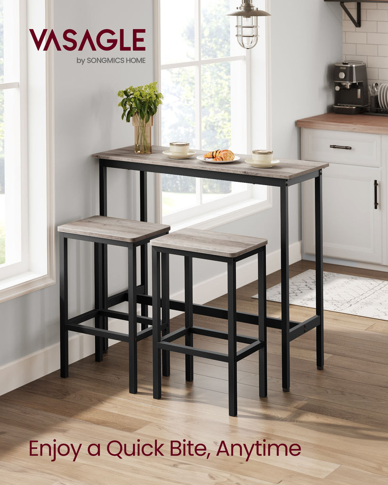 Bar Dining Table and Stool Set for 2 For Small Spaces by Vasagle, Greige and Black Wood Finish