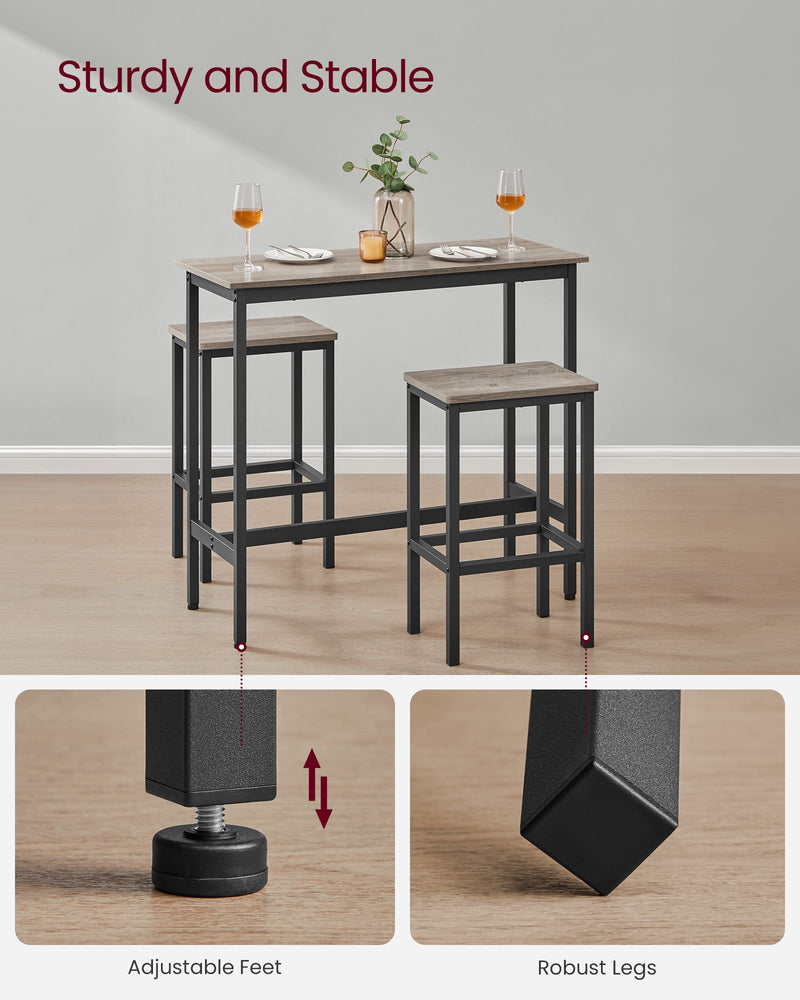 Bar Dining Table and Stool Set for 2 For Small Spaces by Vasagle, Greige and Black Wood Finish