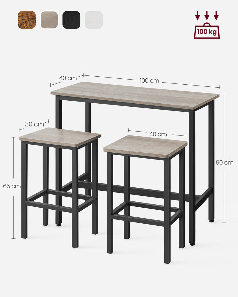 Bar Dining Table and Stool Set for 2 For Small Spaces by Vasagle, Greige and Black Wood Finish