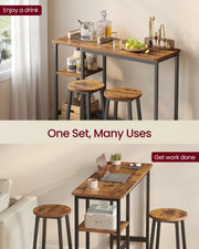 Rustic Brown Bar Table Set with 2 Black Stools Industrial Style by Vasagle VASAGLE