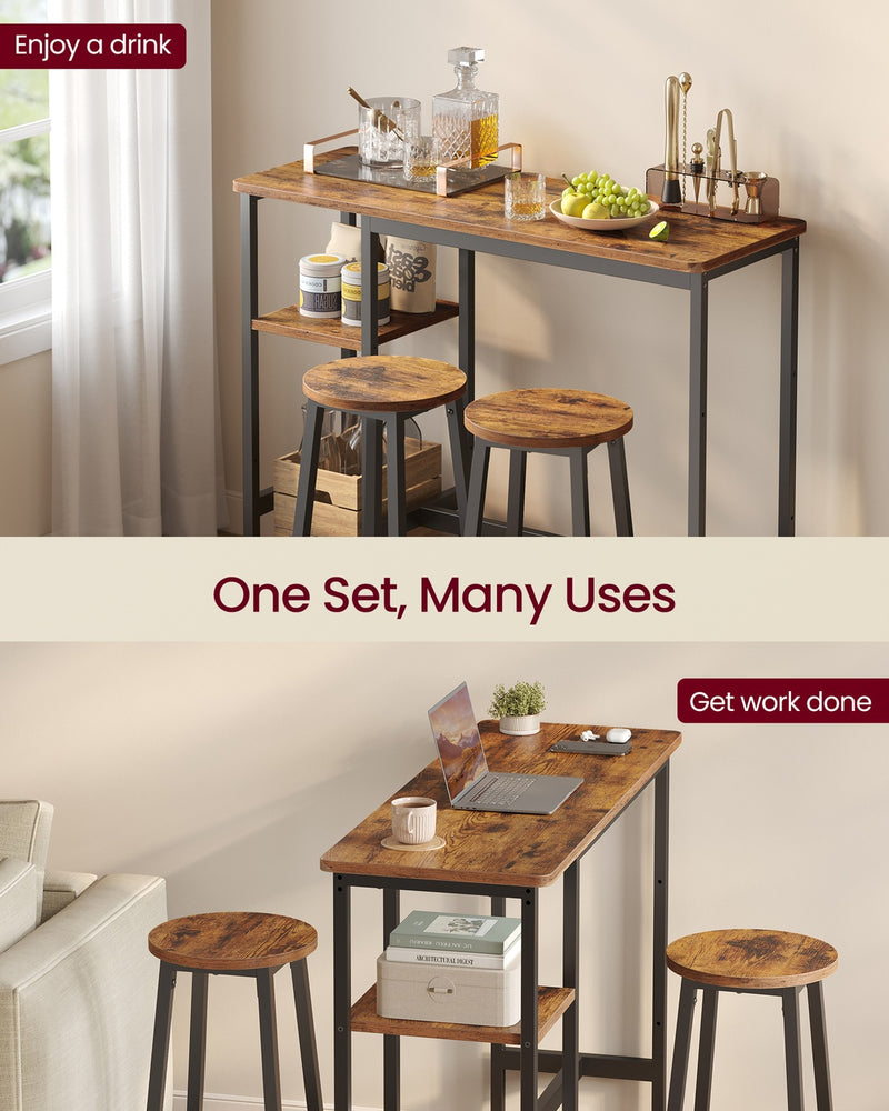 Rustic Brown Bar Table Set with 2 Black Stools Industrial Style by Vasagle VASAGLE