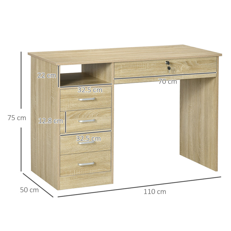 Computer Desk with Drawers and Lockable Storage for Organised Home Office Oak AOSOM