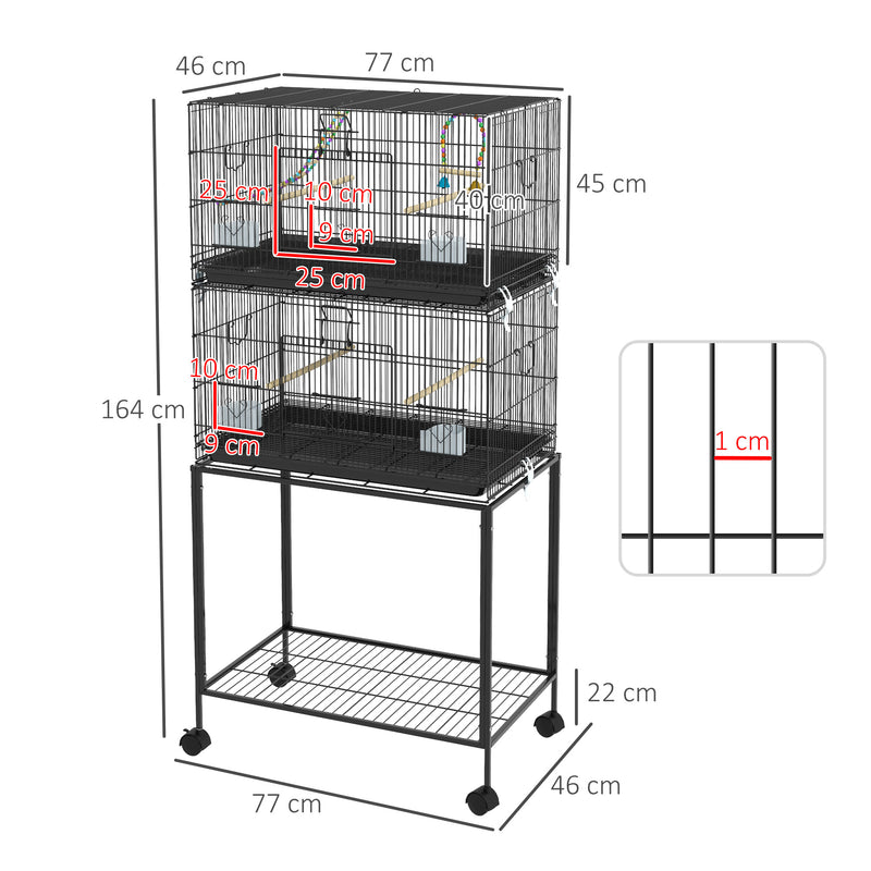 Two Tier Bird Cage with Wheeled Stand for Small Birds Ideal for Indoor Use, Grey