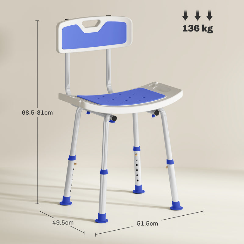 Blue Height Adjustable Shower Chair with Backrest and Anti-Slip Feet by HOMCOM