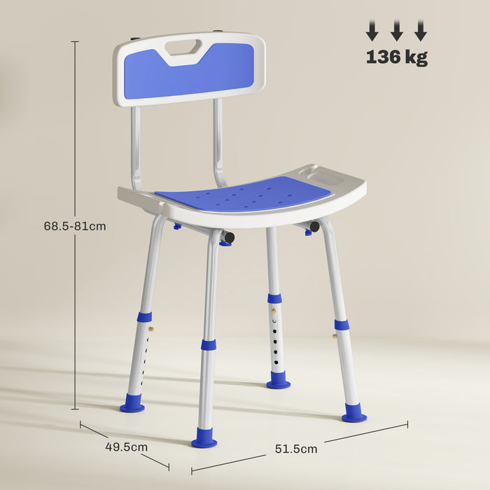 Blue Height Adjustable Shower Chair with Backrest and Anti-Slip Feet by HOMCOM