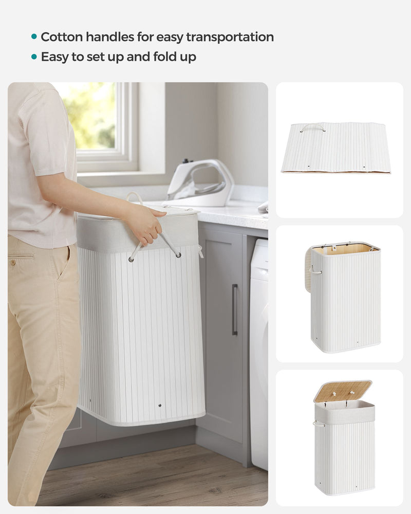 72L Bamboo Laundry Basket with Three Handles in Cloud White Durable and Eco Friendly by Songmics