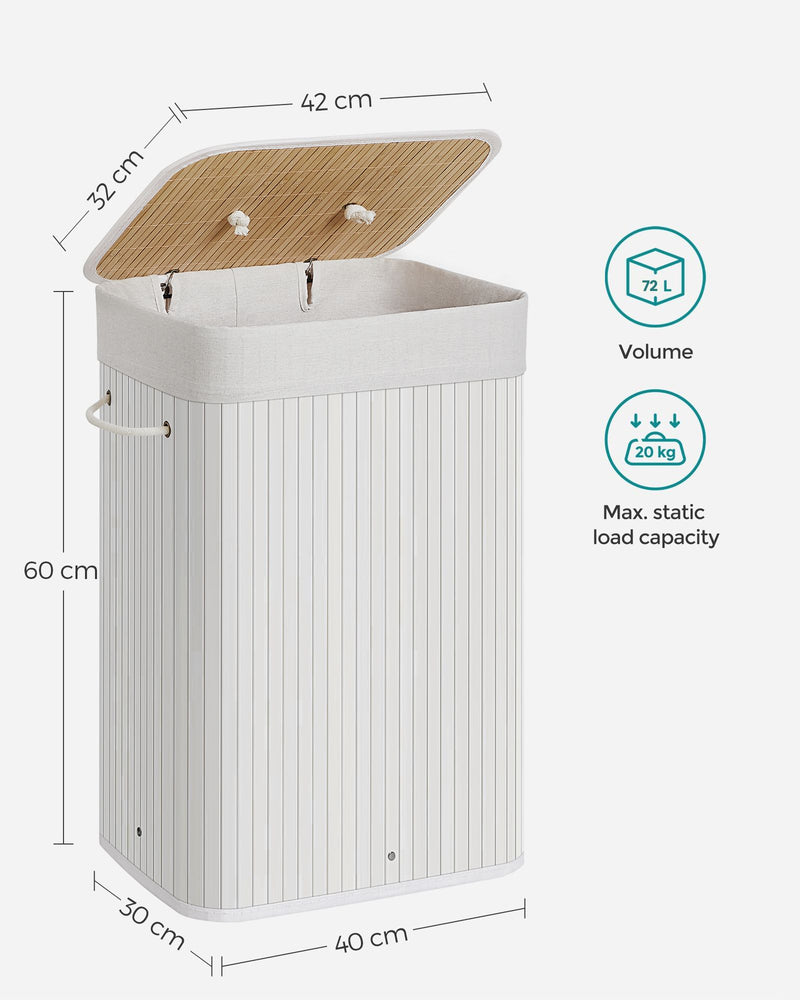 72L Bamboo Laundry Basket with Three Handles in Cloud White Durable and Eco Friendly by Songmics