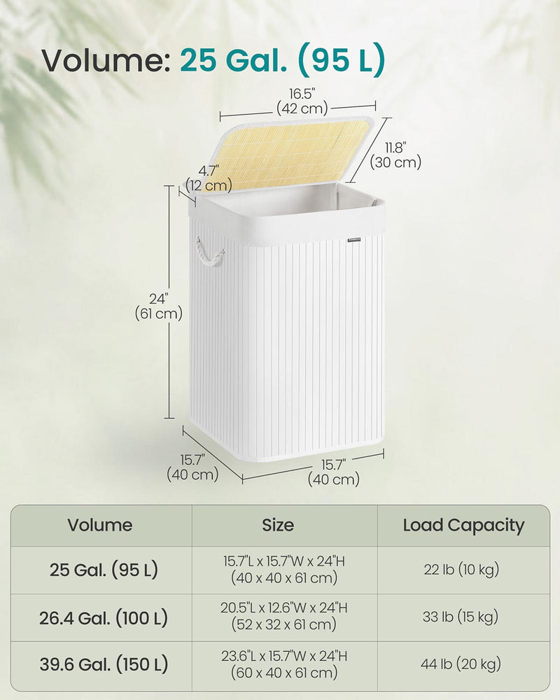 White Foldable Laundry Basket 95L with Removable Machine Washable Liner by Songmics