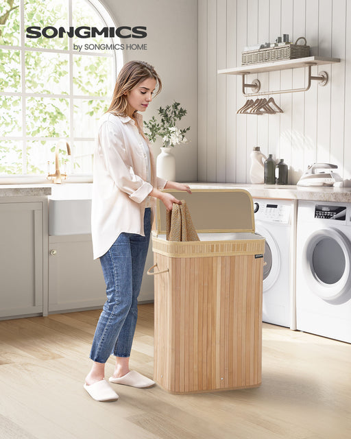 Bamboo Laundry Hamper with Lid and Removable Liner in Natural Beige by Songmics