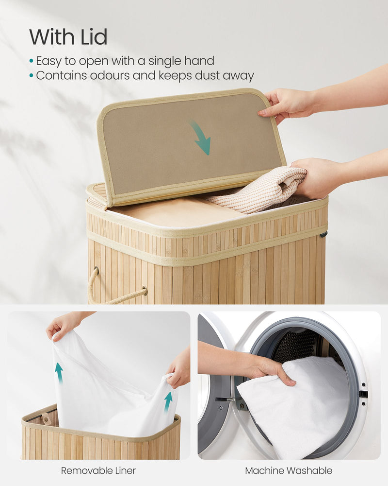 Bamboo Laundry Hamper with Lid and Removable Liner in Natural Beige by Songmics