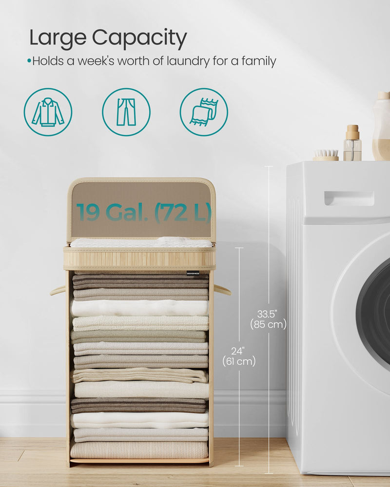 Bamboo Laundry Hamper with Lid and Removable Liner in Natural Beige by Songmics