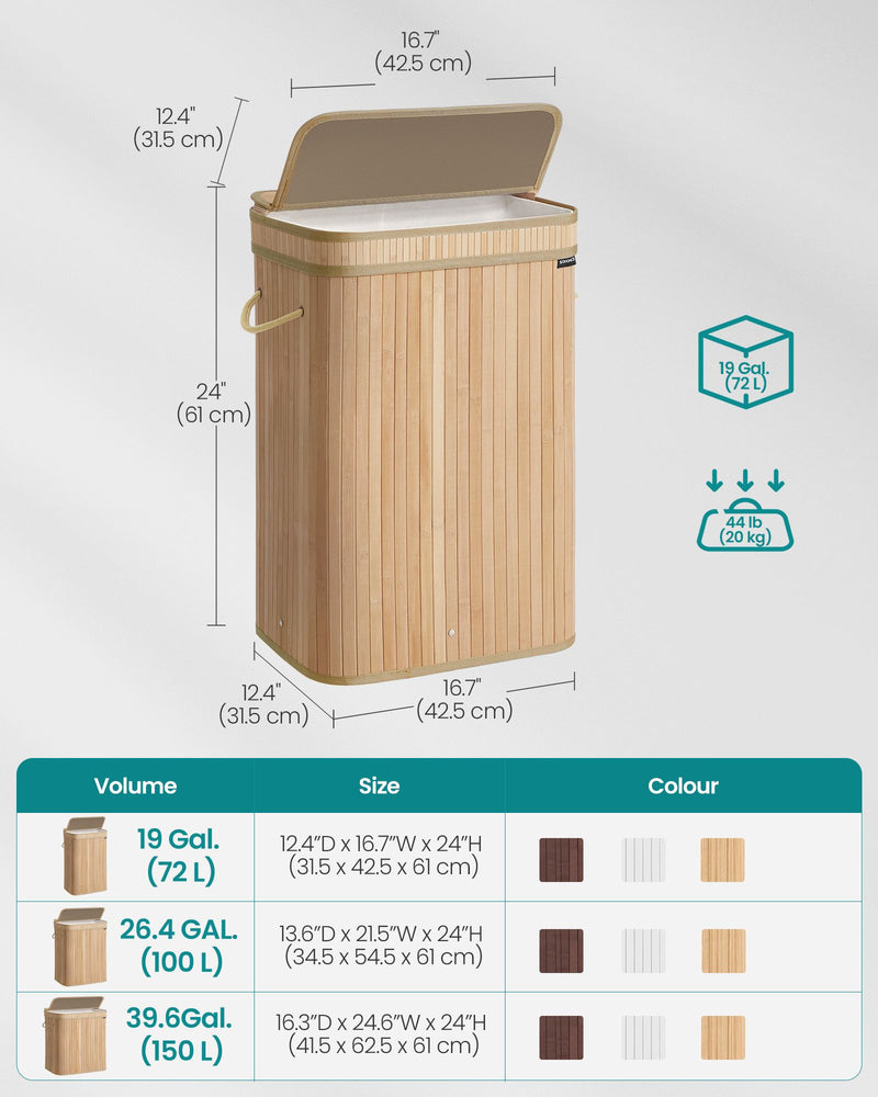 Bamboo Laundry Hamper with Lid and Removable Liner in Natural Beige by Songmics