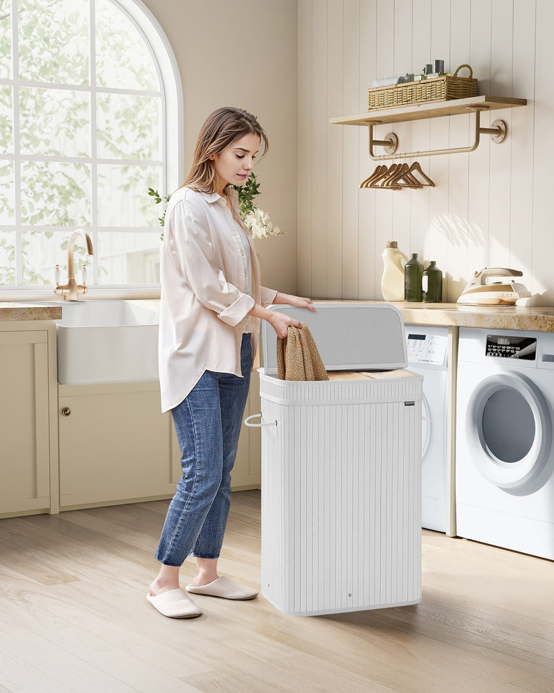 72 L Cloud White Bamboo Laundry Hamper with Handles for Bathroom or Bedroom by Songmics
