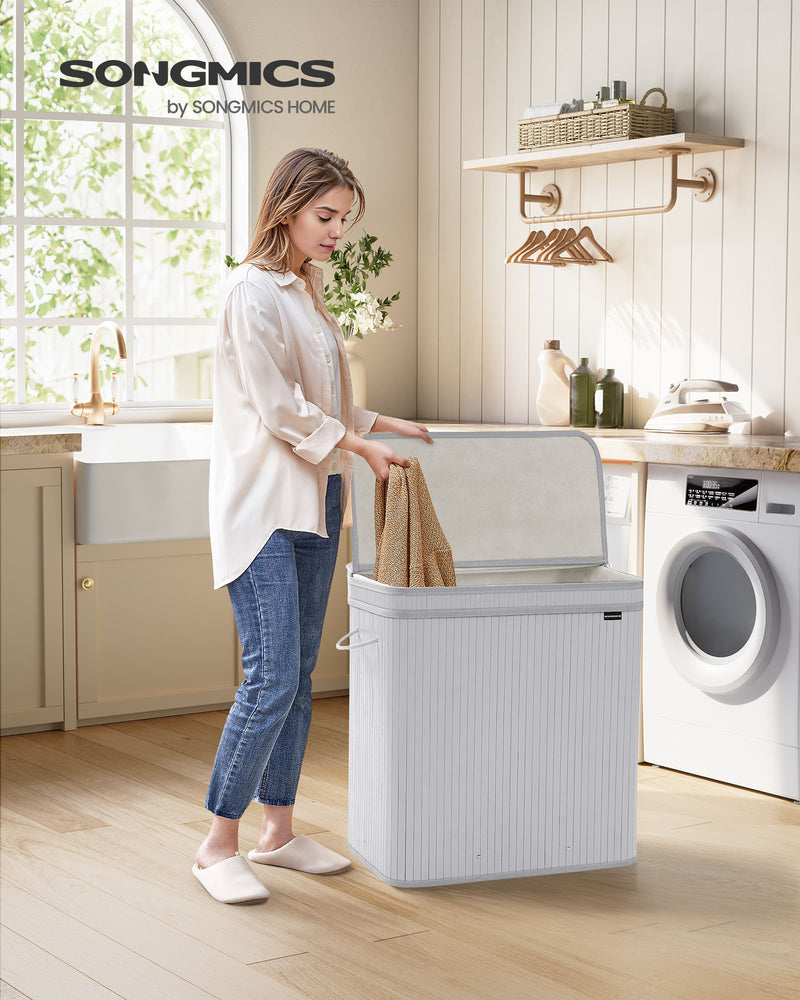 Dove Grey Bamboo Laundry Basket with Lid Lightweight and Breathable Storage by Songmics
